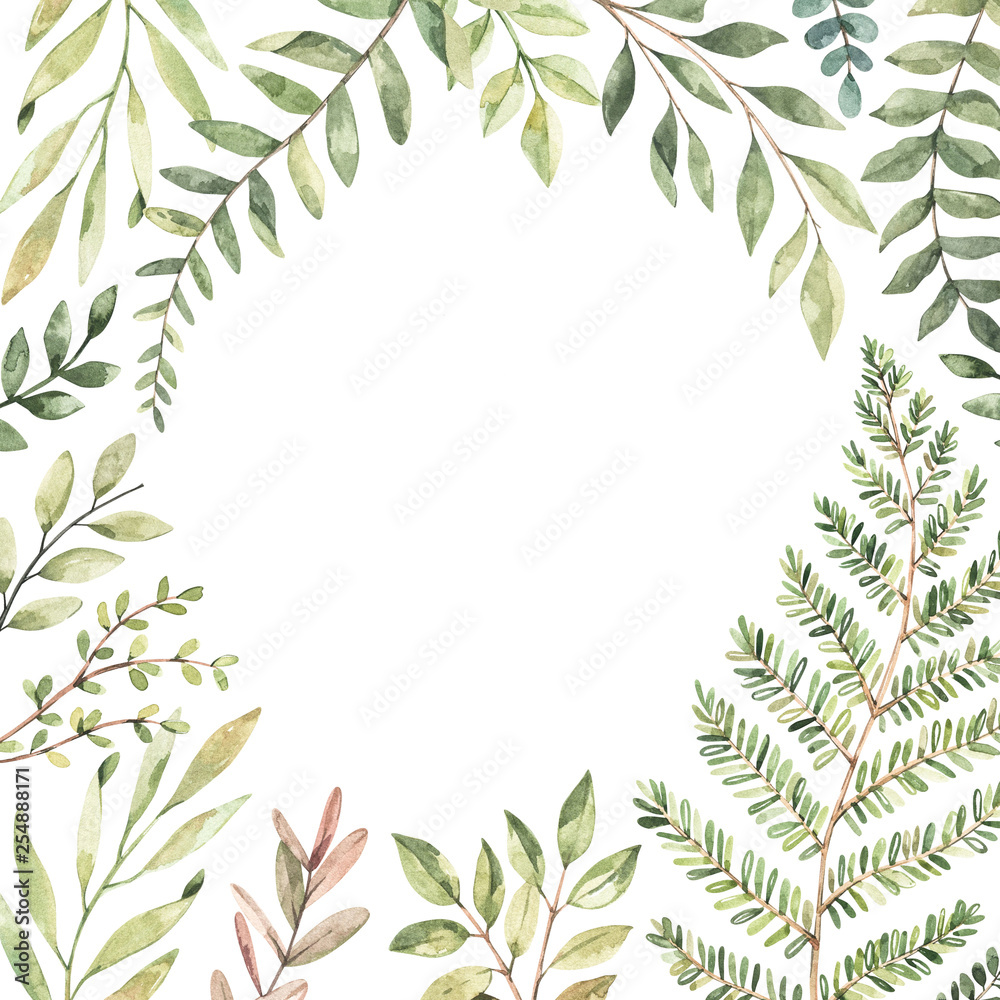 Hand drawn watercolor illustration. Botanical frame with eucalyptus, branches, fern and leaves. Greenery. Floral Design elements. Perfect for wedding invitations, cards, prints, posters, packing