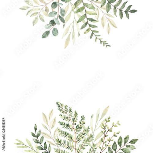 Hand drawn watercolor illustration. Botanical frame with eucalyptus, branches, fern and leaves. Greenery. Floral Design elements. Perfect for wedding invitations, cards, prints, posters, packing
