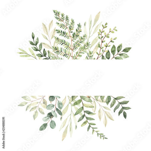 Hand drawn watercolor illustration. Botanical frame with eucalyptus, branches, fern and leaves. Greenery. Floral Design elements. Perfect for wedding invitations, cards, prints, posters, packing
