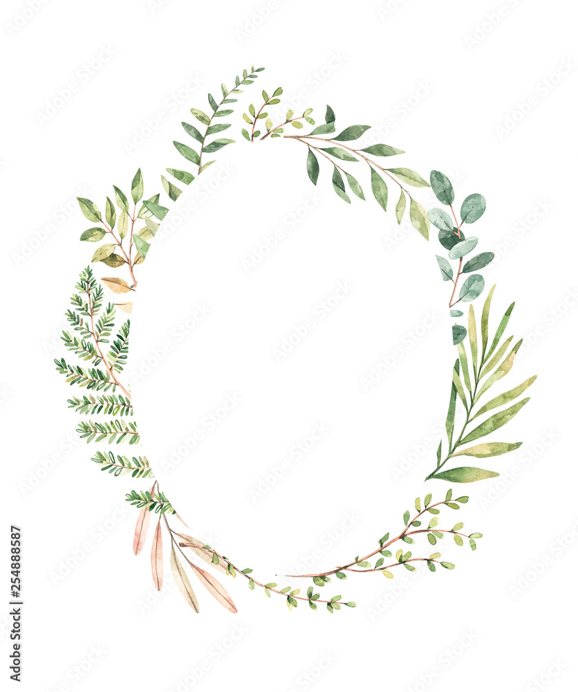 Hand drawn watercolor illustration. Botanical greenery wreath with branches and leaves. Eucalyptus. Floral Design elements. Perfect for wedding invitations, greeting cards, prints, posters, packing