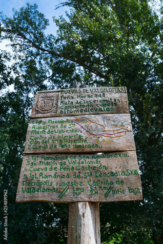 Hiking trail signs, Centro interpretacion Arquitectura Rupestre, Santa Maria de Valverde, Valderredible Municipality, Cantabria, Spain, Europe photo