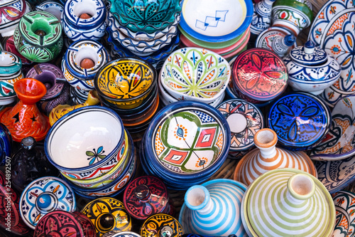 Traditional Moroccan market with souvenirs. Handmade ceramic