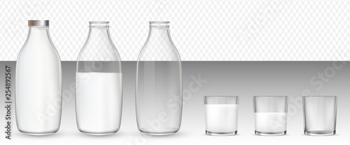 Set of realistic glasses and bottles with a milk.