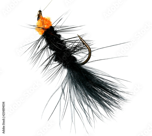 Feathers on a hook for fishing on a white background