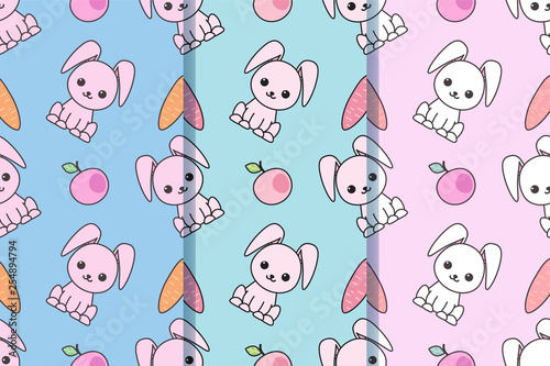 Set of three seamless patterns with with cartoon cute rabbits. Childish background. Vector kawaii illustration. EPS10.
