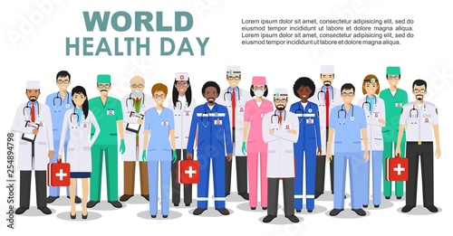 World Health Day. Medical concept. Detailed illustration of doctor and nurses in flat style isolated on white background. Practitioner doctors man and woman standing in different positions. Vector.