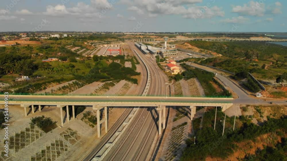 The Madaraka Express train terminal and tracks in Mombasa, Kenya. Aerial shots during day light. The Madaraka Express train terminal and tracks in Mombasa, Kenya. Aerial shots during day light.