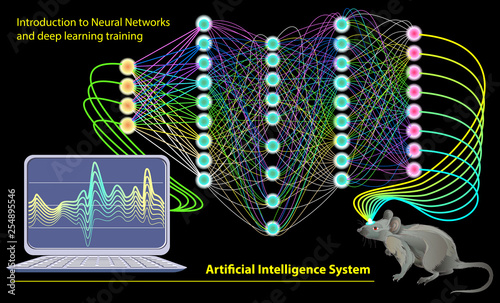 Artificial Intelligence System. Stylized activity in rat brain with neuron waves. Neural Networks and deep learning training. Print for scientific research in biology, physics and nanotechnologies.
