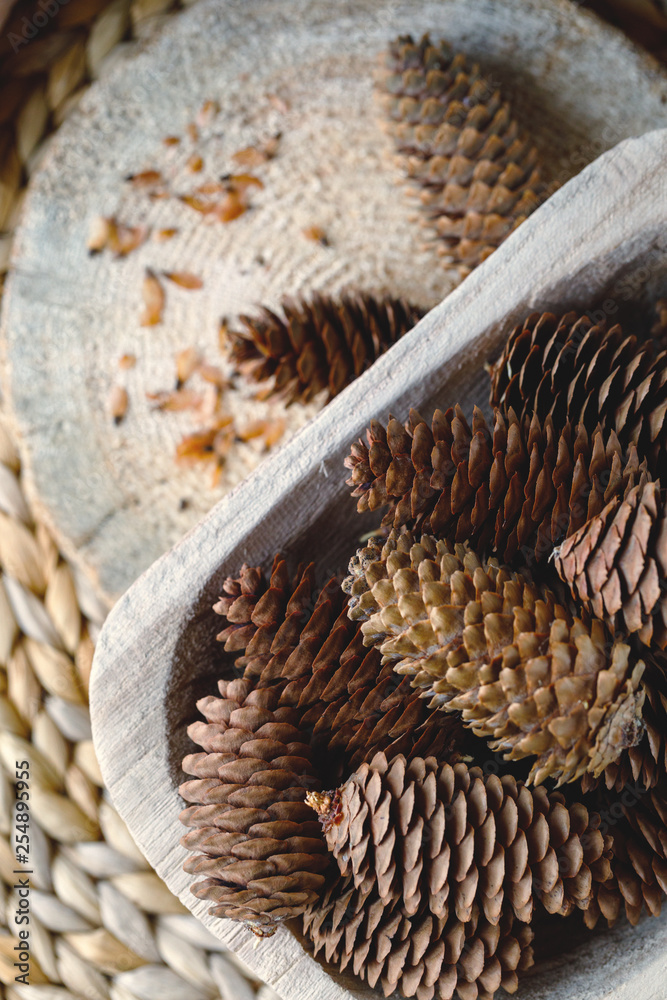Cones with seeds of the European fir-tree in a wooden bowl. ready photo background. Wattled table.