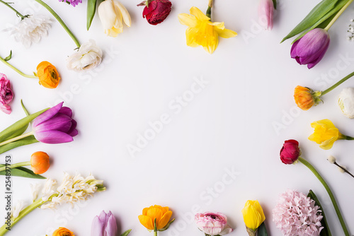 Fototapeta Naklejka Na Ścianę i Meble -  Various spring flowers on a white background. Copy space.