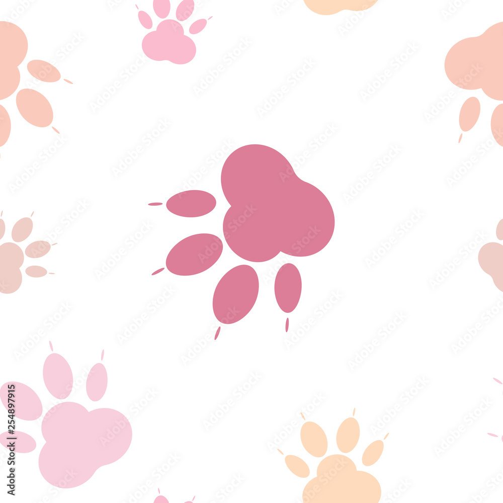 Paw pattern, seamless vector pattern silhouettes of paw, cat's feet, dog's footprint. Pastel pink on a transparent background background. Nude, flesh-colored seamless vector pattern without background