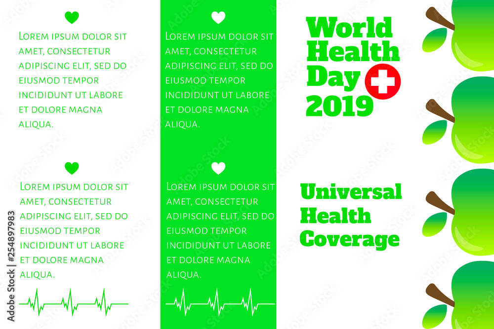World Health Day (Universal health coverage) Infographic template with green apple and place for text. Design for banner, presentation, background, poster. Editable vector EPS 10 illustration