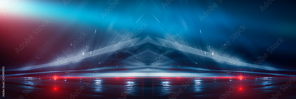 Background wall with neon lines and rays. Background of an empty dark corridor, parking, airport with neon light. Abstract background with lines and glow. Wet asphalt, the reflection of neon lights in - obrazy, fototapety, plakaty 