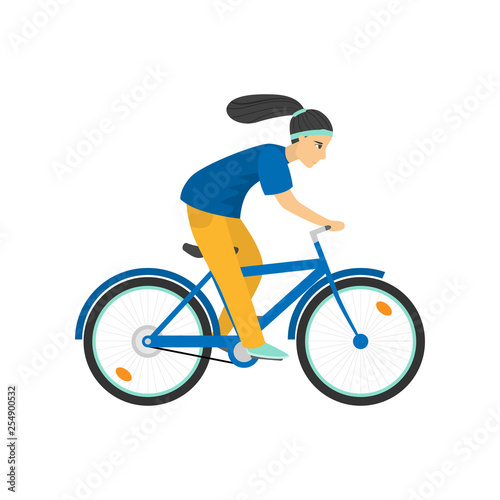 Sporty serious girl hurry up riding bicycle isolated on white