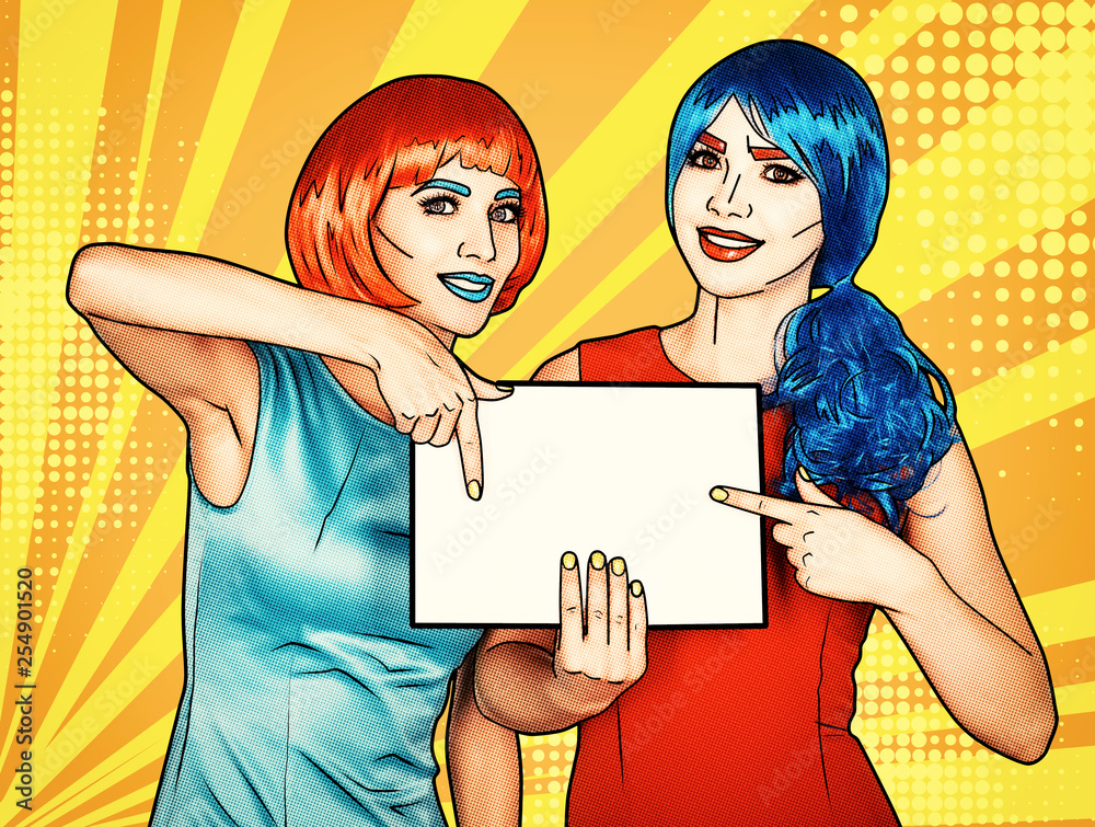 Females with paper in hands. Portrait of young women in comic pop art make-up style Females with paper in hands. Portrait of young women in comic pop art make-up style