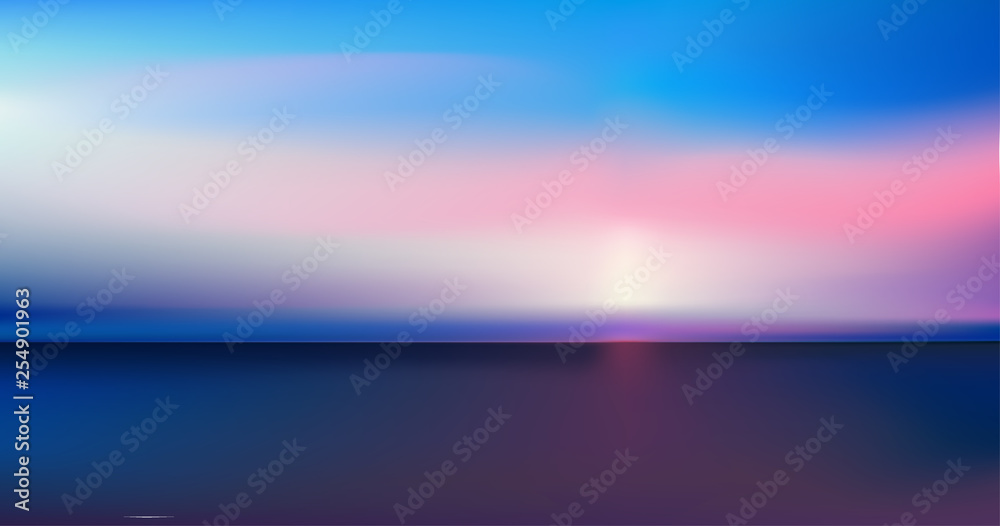 Plakat Abstrakcjonistyczny powietrzny panoramiczny widok wschód słońca nad oceanem. Nic prócz niebieskiego, jasnego nieba i głębokiej ciemnej wody. Piękna spokojna scena. Romantyczna ilustracja wektorowa. EPS 10