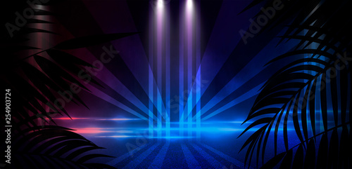 Fototapeta Naklejka Na Ścianę i Meble -  Background of the dark room, tunnel, corridor, neon light, lamps, tropical leaves. Abstract background with new light.