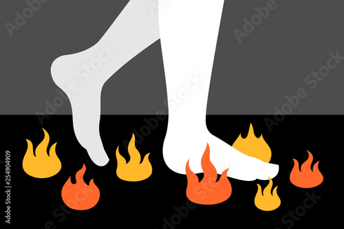 Firewalking / Fire walking - human barefoot leg and foot is walking on hot  fire, flame and embers. Vector illustration