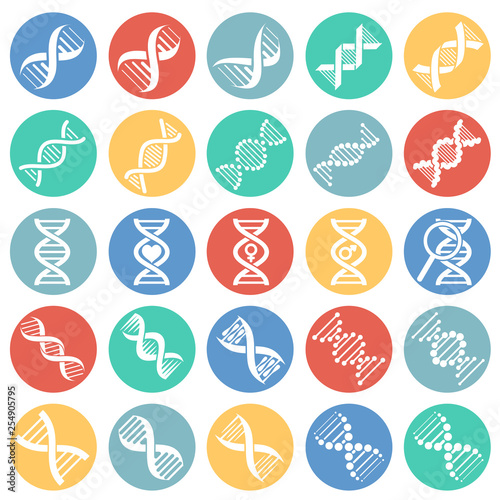 DNA icons set on color circles white background for graphic and web design. Simple vector sign. Internet concept symbol for website button or mobile app.