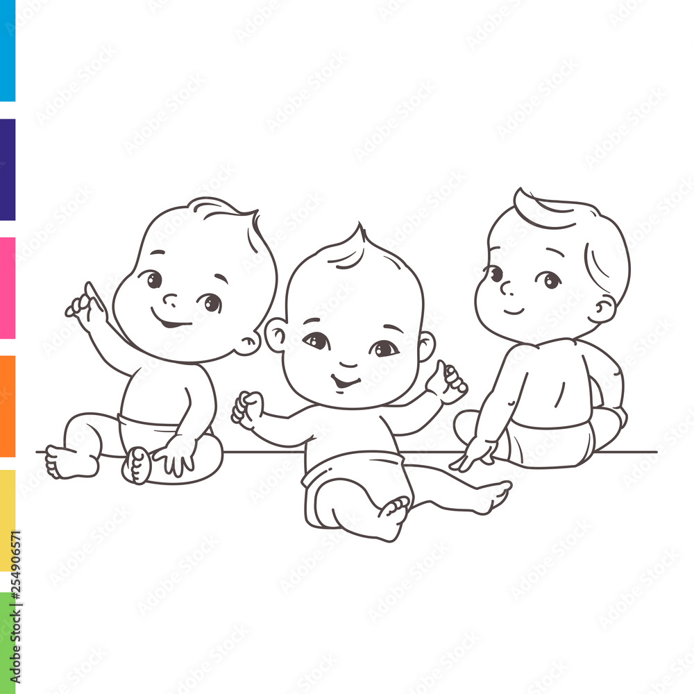 Cute little babies in diaper sitting together. Happy children. Girls and boys smiling waving hands, pointing. Coloring page. Outlines. Monochrome. Vector illustration isolated on white background. Cute little babies in diaper sitting together. Happy children. Girls and boys smiling waving hands, pointing. Coloring page. Outlines. Monochrome. Vector illustration isolated on white background.