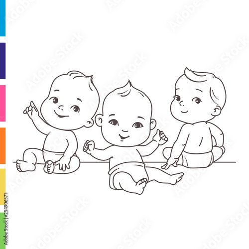 Cute little babies in diaper sitting together. Happy children. Girls and boys smiling waving hands, pointing.  Coloring page. Outlines. Monochrome. Vector illustration isolated on white background.