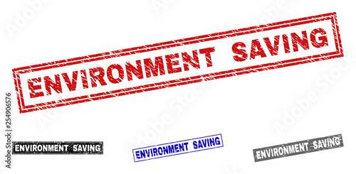 Grunge ENVIRONMENT SAVING rectangle stamp seals isolated on a white background. Rectangular seals with grunge texture in red, blue, black and gray colors.
