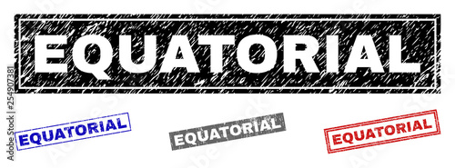 Grunge EQUATORIAL rectangle stamp seals isolated on a white background. Rectangular seals with distress texture in red, blue, black and gray colors.