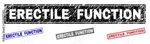 Grunge ERECTILE FUNCTION rectangle stamp seals isolated on a white background. Rectangular seals with grunge texture in red, blue, black and grey colors.