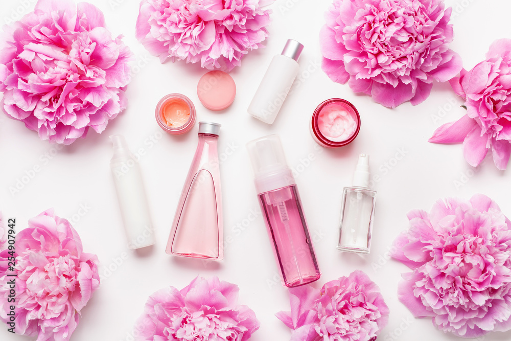 bath and spa flat lay, peony flowers skin care products