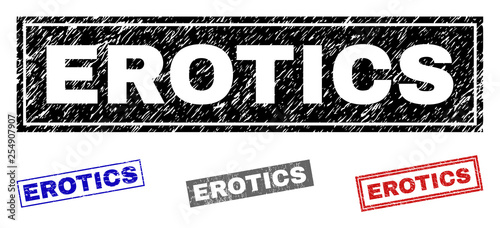 Grunge EROTICS rectangle stamp seals isolated on a white background. Rectangular seals with grunge texture in red, blue, black and gray colors.
