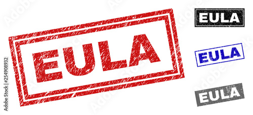Grunge EULA rectangle stamp seals isolated on a white background. Rectangular seals with distress texture in red, blue, black and grey colors.