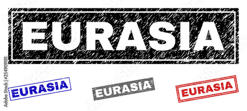Grunge EURASIA rectangle stamp seals isolated on a white background. Rectangular seals with grunge texture in red, blue, black and grey colors.