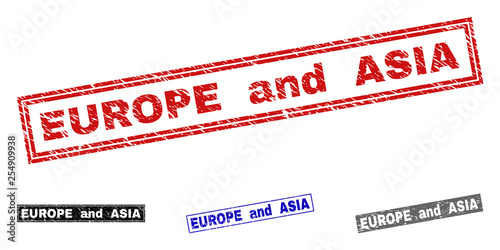 Grunge EUROPE AND ASIA rectangle stamp seals isolated on a white background. Rectangular seals with grunge texture in red, blue, black and gray colors.