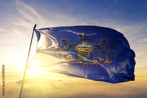 Murais de parede Pennsylvania state of United States flag waving on the top sunrise mist fog