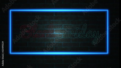 Cyber Monday Neon blue Light in frame on Brick Wall. Sale Banner Blinking Neon Sign Style, loop. 4k photo