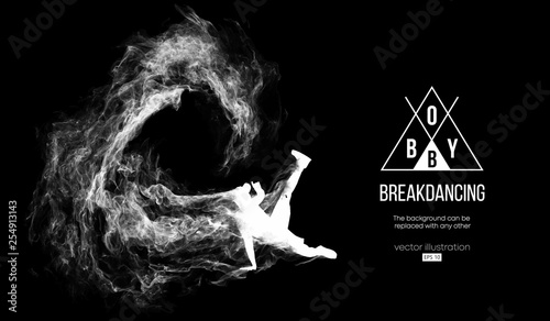 Abstract silhouette of a breakdancer, man, bboy, breaker, breaking on the dark black background from particles, dust, smoke. Hip-hop dancer. Background can be changed to any other. Vector illustration