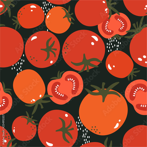 Fresh tomatoes, hand drawn seamless pattern. Overlapping background, vegetables vector. Colorful illustration with food. Decorative wallpaper, good for printing. Design backdrop, tomato