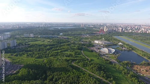 Drone shoot of the river and park next to the stadium Luzhniki in Moscow aerial view