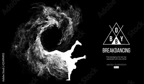 Abstract silhouette of a breakdancer, man, bboy, breaker, breaking on the dark black background from particles, dust, smoke. Hip-hop dancer. Background can be changed to any other. Vector illustration photo