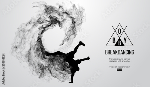 Abstract silhouette of a breakdancer, man, bboy, breaker, breaking on the white background from particles, dust, smoke. Hip-hop dancer. Background can be changed to any other. Vector illustration photo