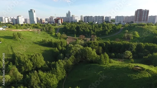 Drone shoot of the river and park next to the stadium Luzhniki in Moscow aerial view