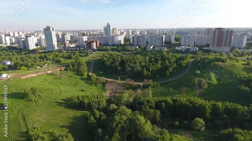 Drone shoot of the river and park next to the stadium Luzhniki in Moscow aerial view