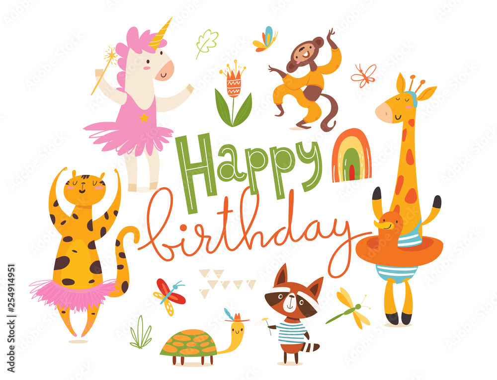 Happy birthday card. Big set of cartoon wild animals. Happy birthday card. Big set of cartoon wild animals.