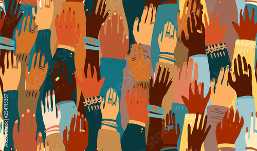 Illustration of a people's hands with different skin color together. Race equality, feminism, tolerance art in minimal style. Seamless tile pattern.