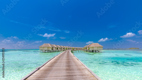 Landscape of Maldives beach. Tropical panorama, luxury water villa resort with wooden pier or jetty. Luxury travel destination background for summer holiday and vacation concept © icemanphotos