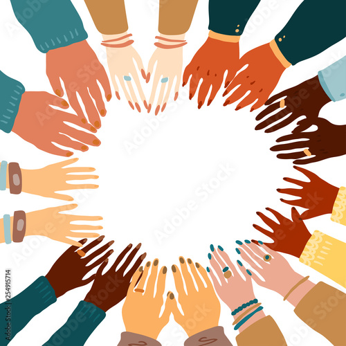 Illustration of a people's hands with different skin color together holding each other. Race equality, feminism, tolerance art in minimal style.