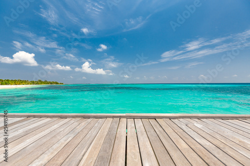 Empty wooden planks with blur beach on background, can be used for product placement, palm leaves on foreground © icemanphotos