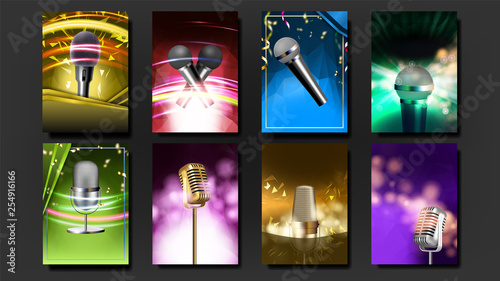Karaoke Poster Template Blank Set Vector. Old Bar. Speaker Label.Entertainment Competition. Party Flyer. Music Night. Radio Microphone. Retro Concert. Club Background. Realistic Illustration