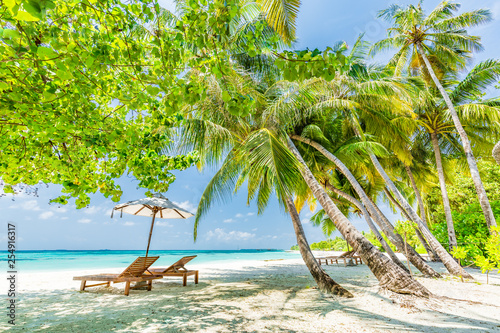 Fototapeta Naklejka Na Ścianę i Meble -  Exotic summer landscape on a beach. Two beach chairs and umbrella under palm trees and blue sky. Idyllic vacation and holiday banner, wonderful scenery