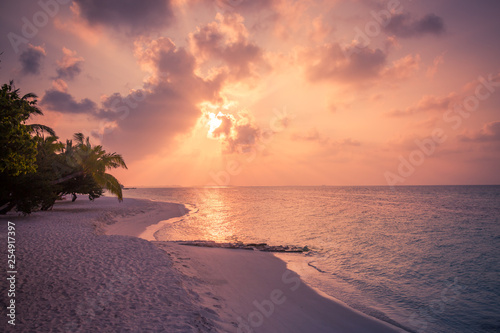 Tropical beach sunset. Exotic landscape with palm trees and calm sea view and sun rays. Beach sunset background